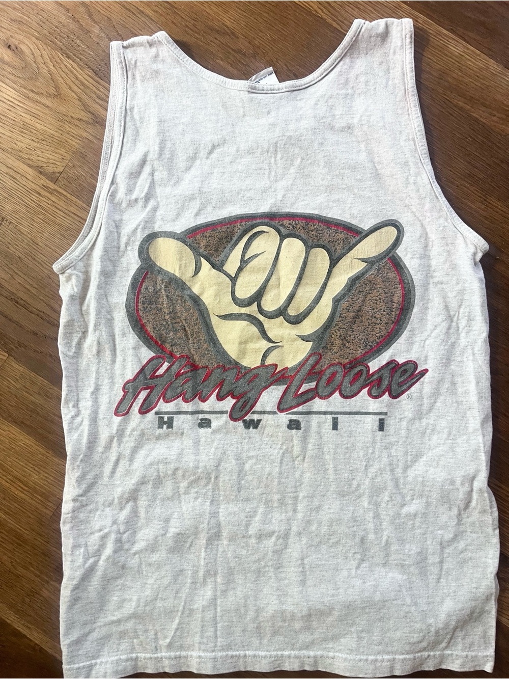 Hang Loose Hawaii Graphic Tank Top - White with Yellow & Red Print Vintage